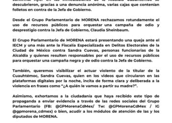 Diputados de MORENA presentarán una queja ante IECM y Fiscalía Especializada en Delitos Electorales contra Sandra Cuevas