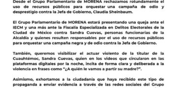 Diputados de MORENA presentarán una queja ante IECM y Fiscalía Especializada en Delitos Electorales contra Sandra Cuevas